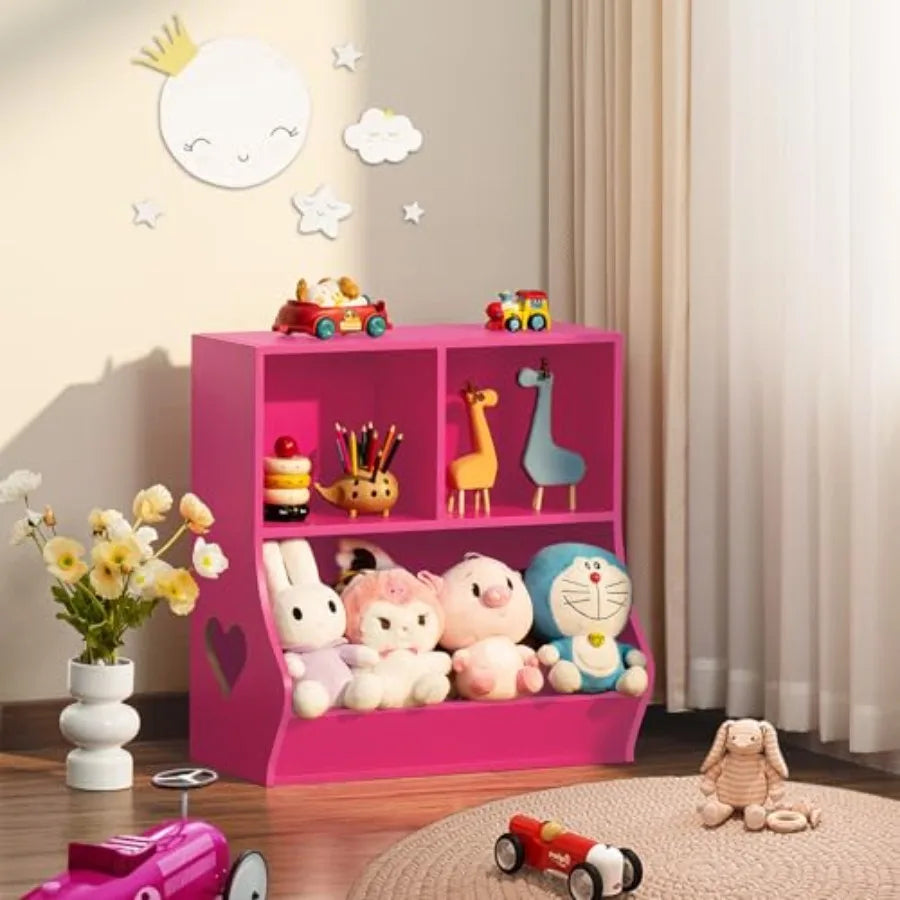 Pink Wooden 3-Cubby Bookshelf Storage Organizer for Playroom Bedroom Nursery School 23.62'' H