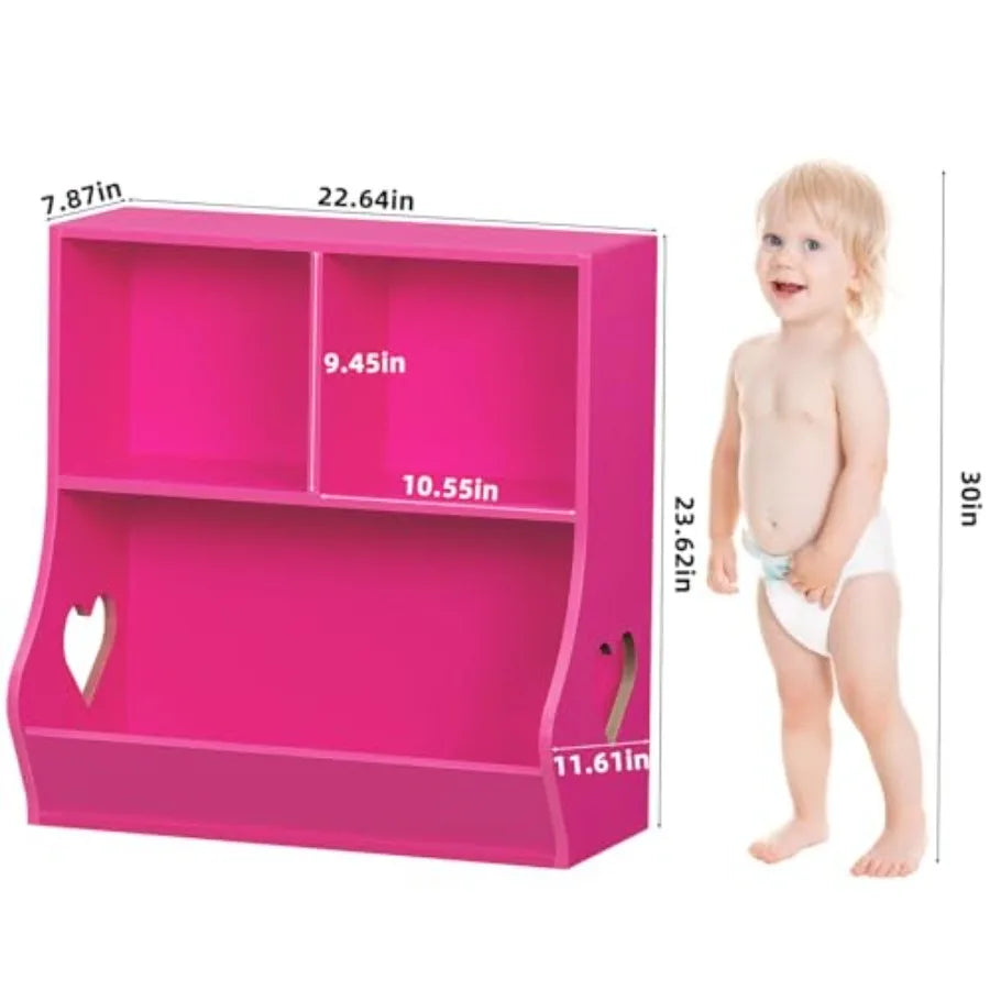 Pink Wooden 3-Cubby Bookshelf Storage Organizer for Playroom Bedroom Nursery School 23.62'' H