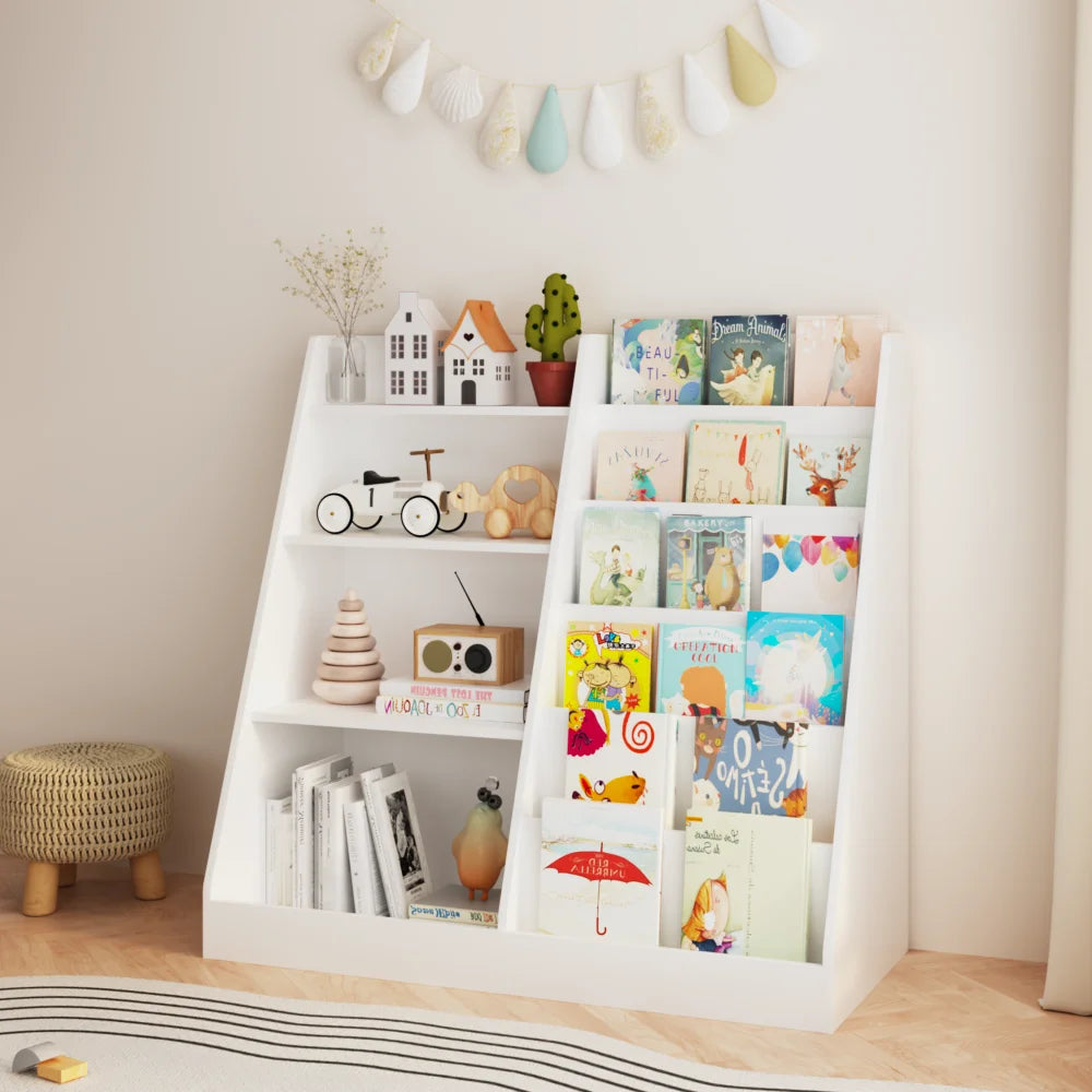 Kids Bookshelf and Toy Storage Organizer, Multifunctional 4 Tier Wooden Kids Book Shelf with  Bookcase Display Stand  Kids Room