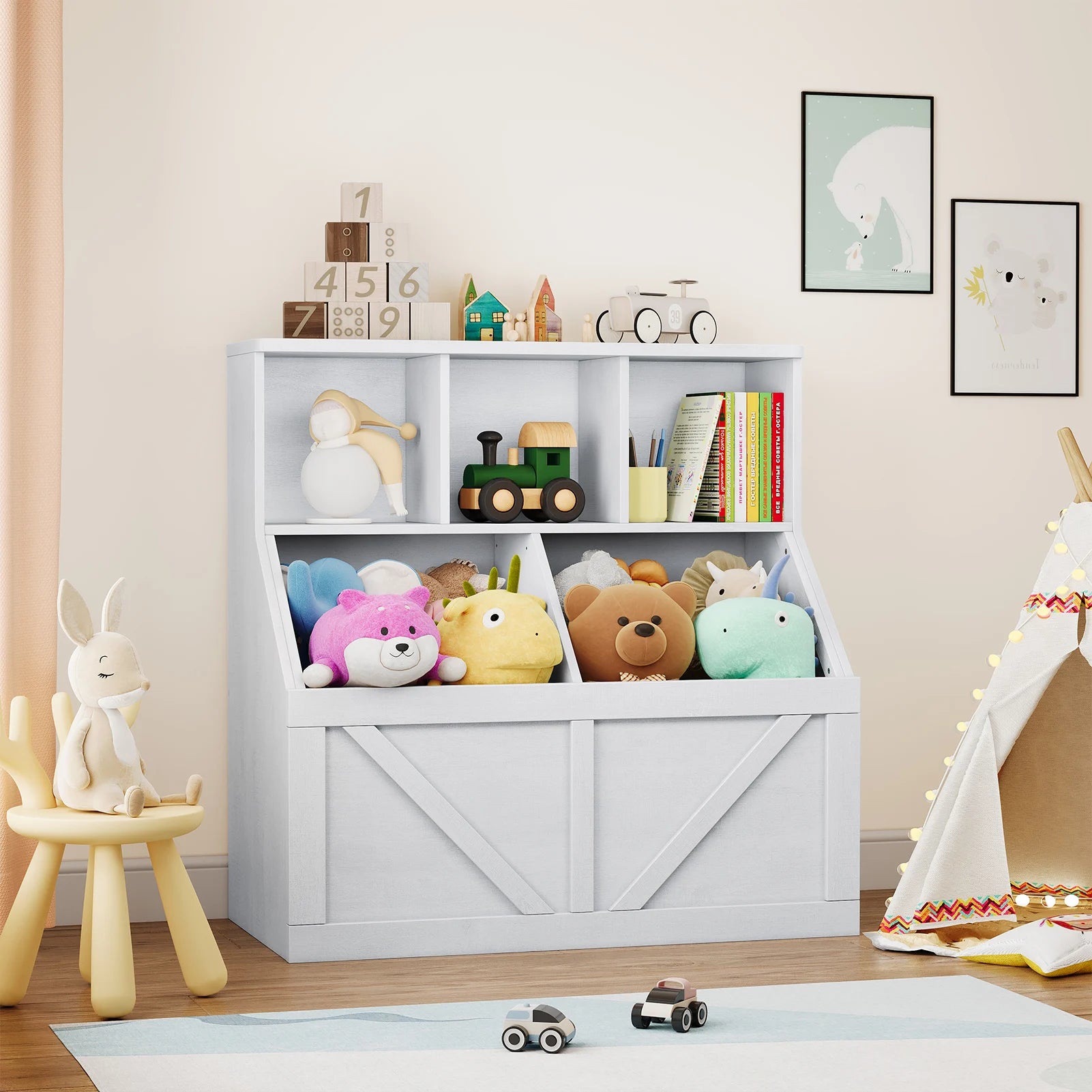 Kids Toy Storage Organizer With Bookshelf Anti-Tip Toddler Toy Cabinet Versatile Cube Shelves And Storage Bins For Playroom