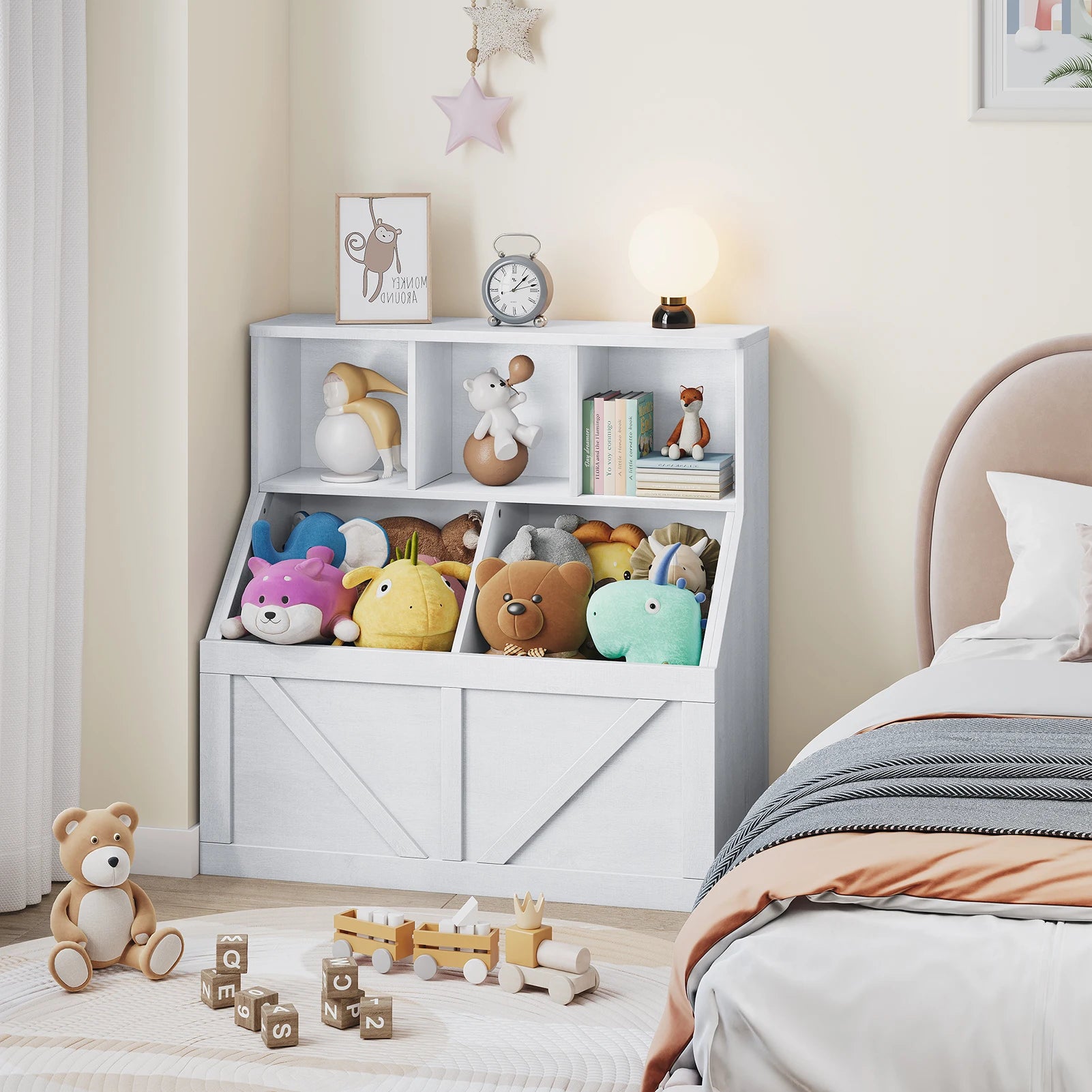 Kids Toy Storage Organizer With Bookshelf Anti-Tip Toddler Toy Cabinet Versatile Cube Shelves And Storage Bins For Playroom
